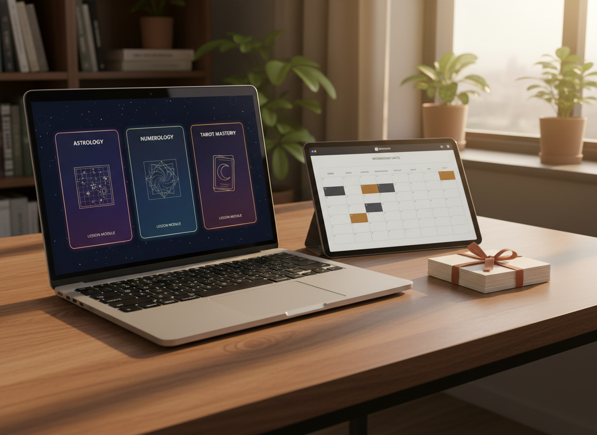 A polished wooden desk featuring an open laptop whose screen displays a sophisticated, dark-themed dashboard of digital cards representing astrology, numerology, and tarot lessons, each with simple icons like a star chart grid, a geometric number pattern, and a stylized card outline. Beside the laptop rests a tablet with a course calendar interface and a neat stack of index cards tied with a thin ribbon, suggesting organized workshop modules. Warm afternoon light streams in from the right, casting long, soft shadows and a cozy glow over the scene. Shot in photographic realism from a slightly elevated angle with moderate depth of field, the composition is balanced and uncluttered, projecting a professional, educational atmosphere that integrates web design with metaphysical studies.