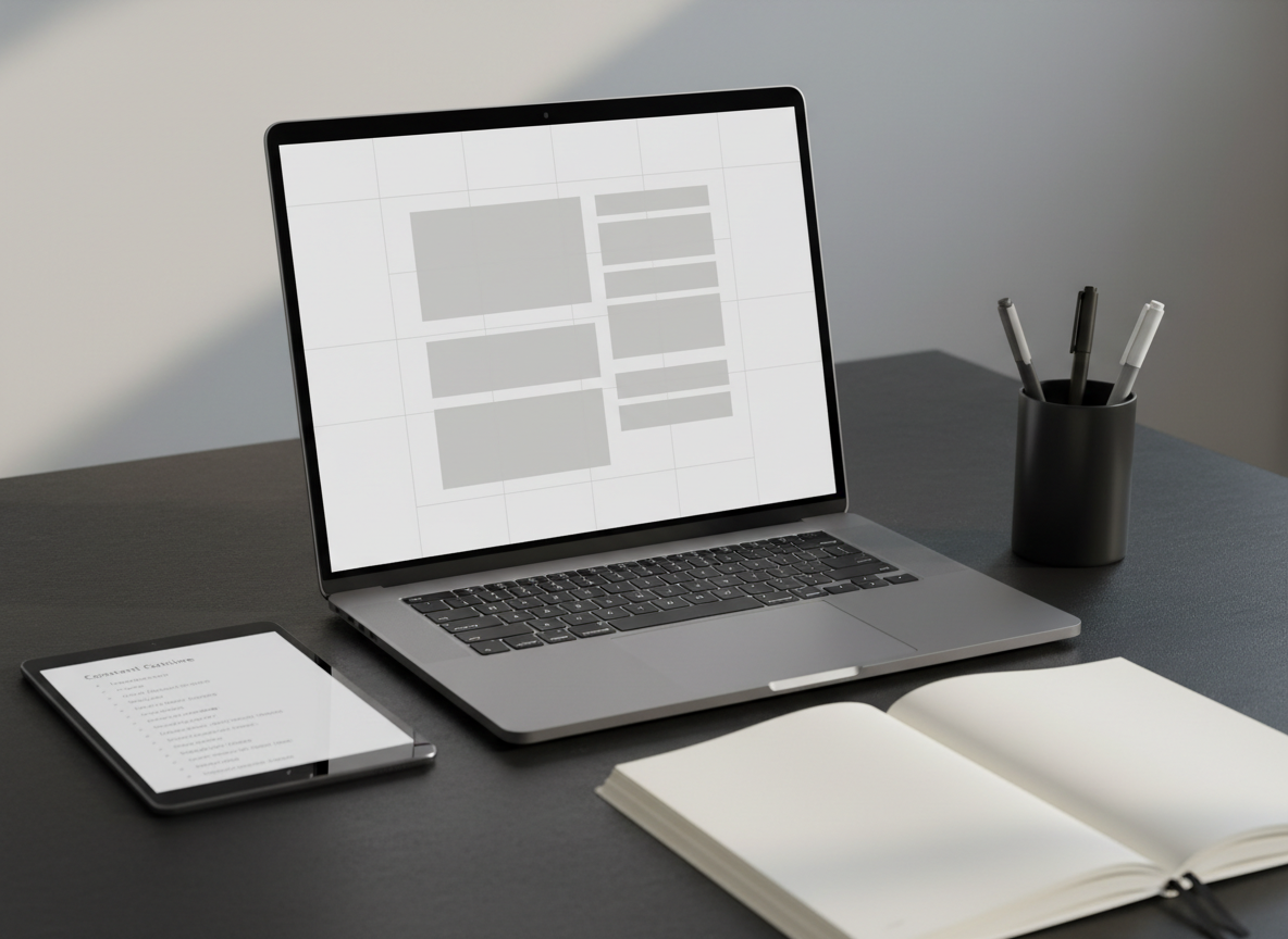 A sleek, modern laptop with a high-resolution screen displaying a clean website wireframe made of simple grey blocks and gridlines, positioned on a matte black desk. Around it sit a minimalist tablet showing a content outline, a notebook with blank pages, and a pen holder with neatly arranged pens. Soft, indirect daylight from an unseen window washes across the desk, creating gentle reflections on the laptop’s metal body and subtle shadows behind the objects. Photographic realism with a clean, professional aesthetic, shot at a slightly elevated eye-level angle with shallow depth of field so the screen is in crisp focus while the background blurs into a neutral, calming gradient. The mood is focused and educational, emphasizing digital content development for web design.