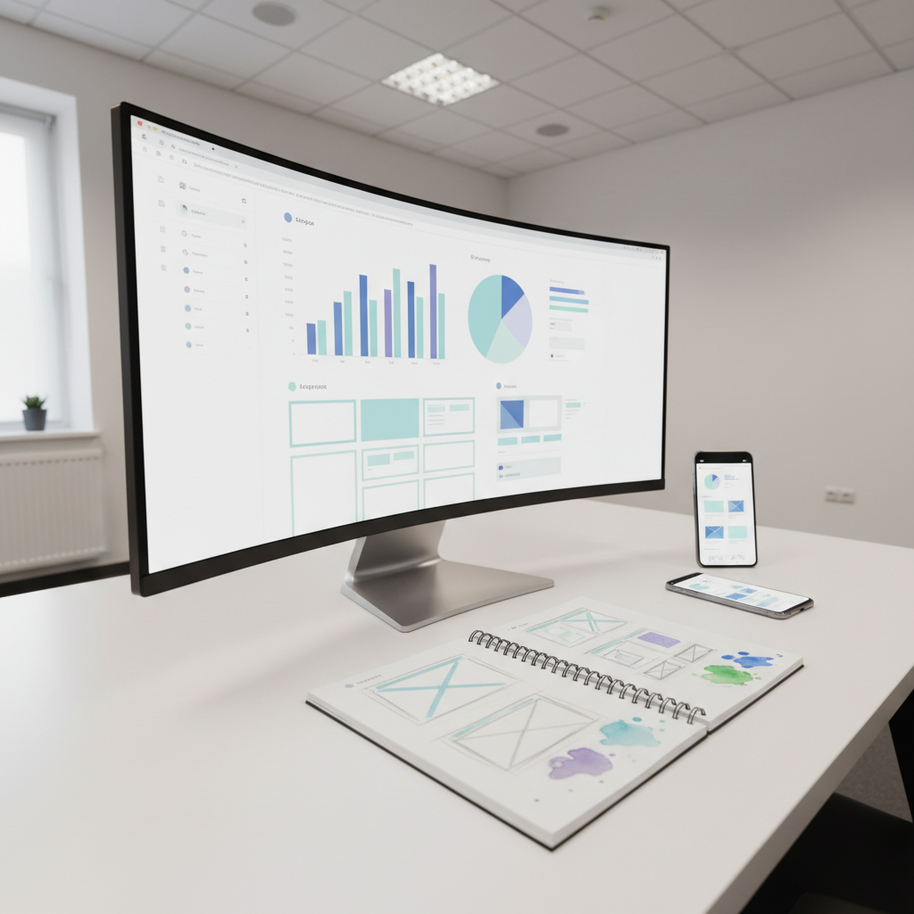 A large, ultra-wide monitor on a tidy white desk showing an analytics dashboard for a content-rich website: simple, abstract graphs, color-coded segments, and structured sections without any readable text. Next to the monitor, an open notebook with sketched page layouts and color swatches, and a smartphone showing a mobile-optimized mockup. Cool, diffused office lighting combines with faint natural light from the side, producing soft highlights on the smooth surfaces. Captured in photographic realism from a three-quarter angle, the composition follows the rule of thirds, with the monitor dominating the left side and planning tools on the right. The atmosphere is professional and methodical, conveying the process of designing and refining educational web content.